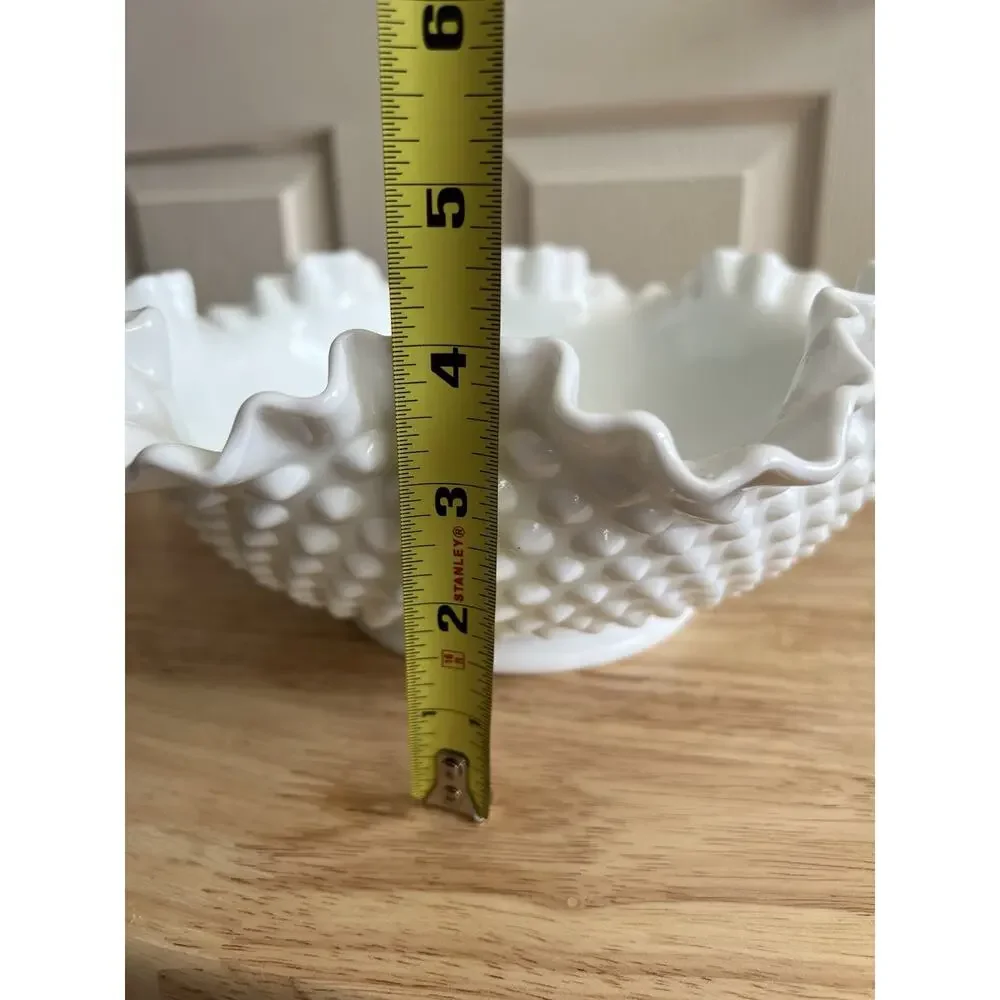 FENTON Vintage Milk Glass Round Hob Nail Double Crimped Ruffle Edge Lg Bowl 11